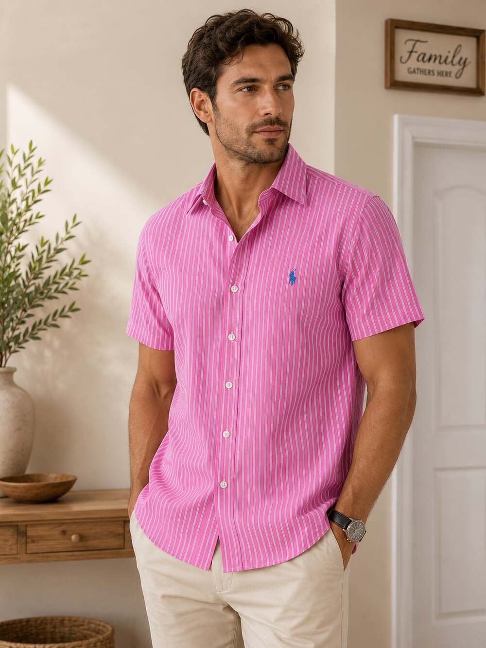 Ralph Lauren Classic Fit Pink Stripe Short Sleeve Button Down Shirt XL Cotton
